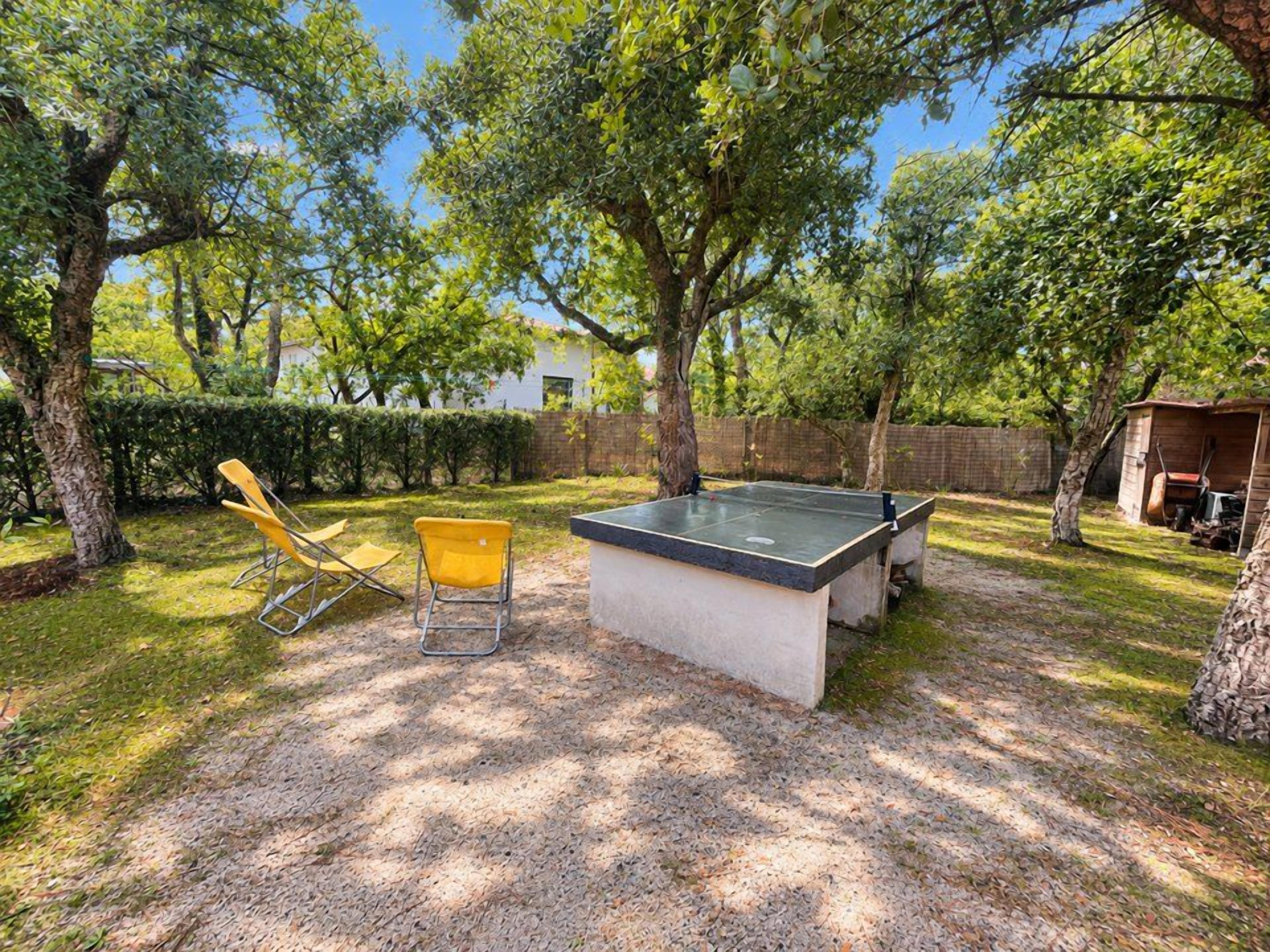 An outdoor table tennis table with two yellow chairs, surrounded by trees and a hedge.