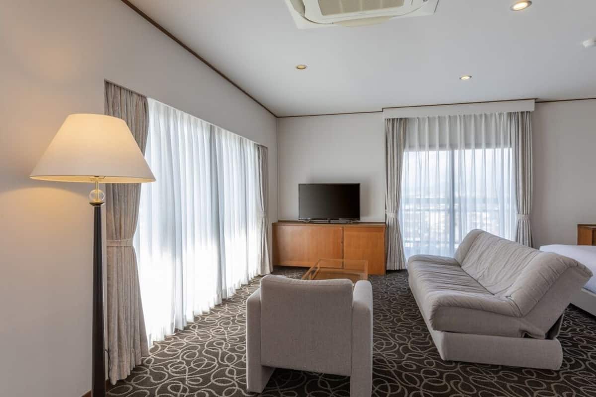 A hotel room with a sofa, a TV, a lamp, and a patterned carpet.