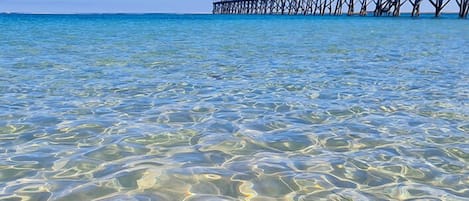 Clear shallow water with visible seaweed and a pier in the background.