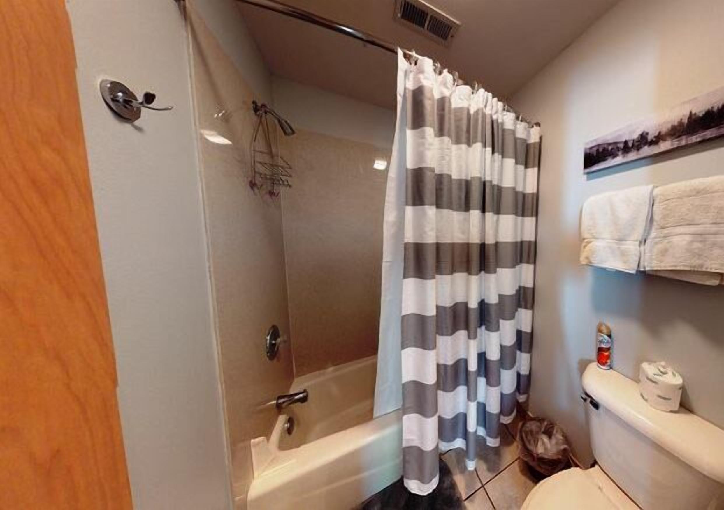 A bathroom with a shower, toilet, and towel rack.