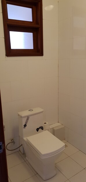 Shower, hair dryer, towels, shampoo