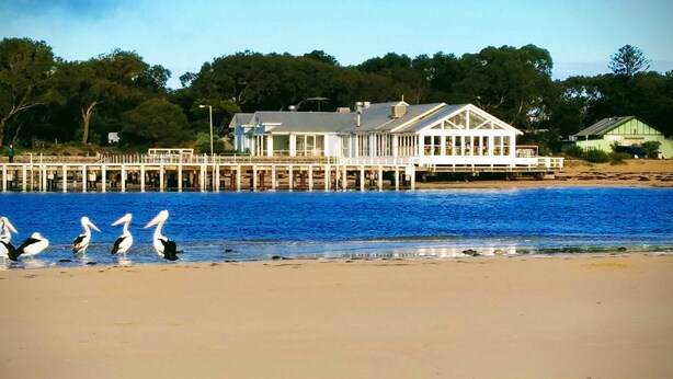 A beach with a pier extending into the water, a white building with a green roof, and a smaller green building in the background. - Treescape, Seascape Getaway (Ocean Grove)