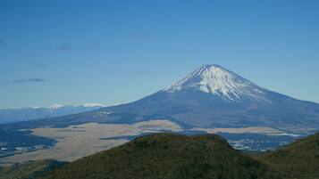 A mountain with a snow-capped peak, surrounded by forested hills and a valley with scattered buildings.