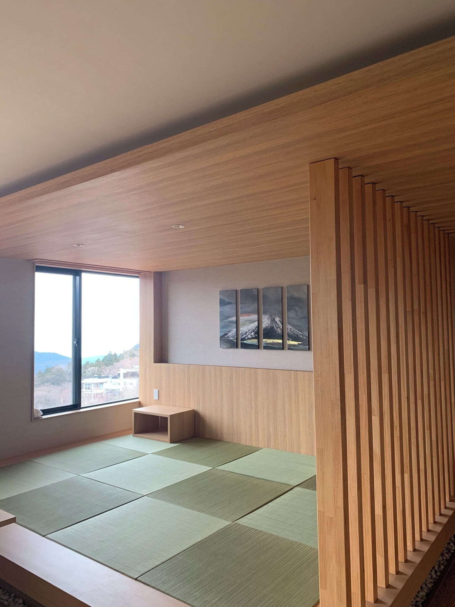 A room with tatami mats, a wooden partition, and a view of a mountain through a large window.