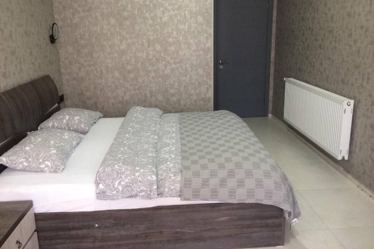 A bedroom with a bed, pillows, a dresser, a radiator, and a door.