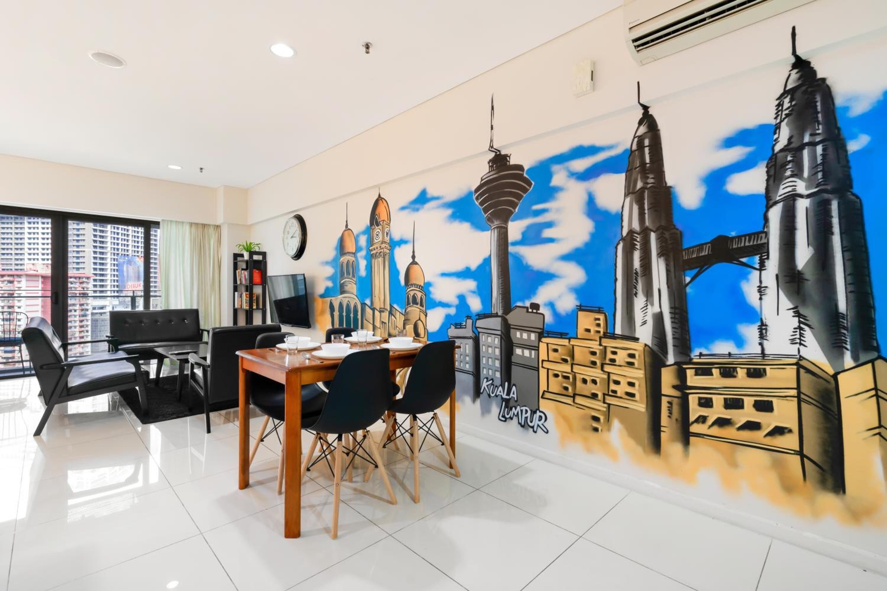 Individually decorated, laptop workspace, blackout curtains