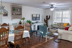 Smart TV, fireplace, DVD player, books