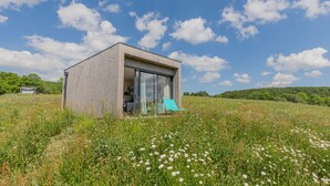 Une cabane moderne en bois, dotée d’une porte en verre, située dans un champ parsemé de fleurs sauvages, sous un ciel dégagé.