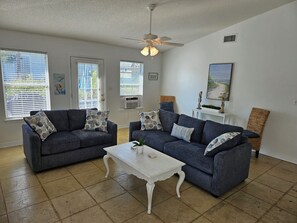 Smart TV, fireplace, DVD player, books