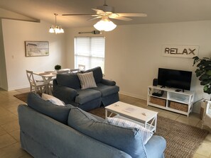 Smart TV, fireplace, DVD player, books