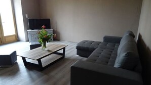 Un salon moderne avec un canapé gris, une table basse en bois et un téléviseur posé sur un meuble.