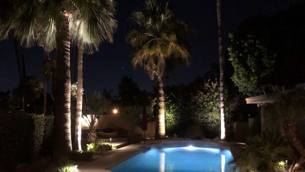 Une piscine nocturne entourée de palmiers et dotée d’une zone de terrasse bien éclairée.