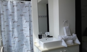Douche, sèche-cheveux, serviettes fournies, savon