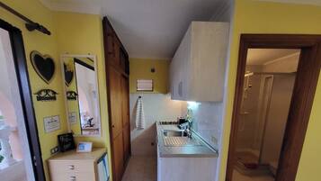 Una cocina pequeña con lavamanos, encimera y armarios.