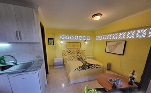 Una habitación pequeña con cama, una mesita, una silla, un lavamanos y una kitchenette.