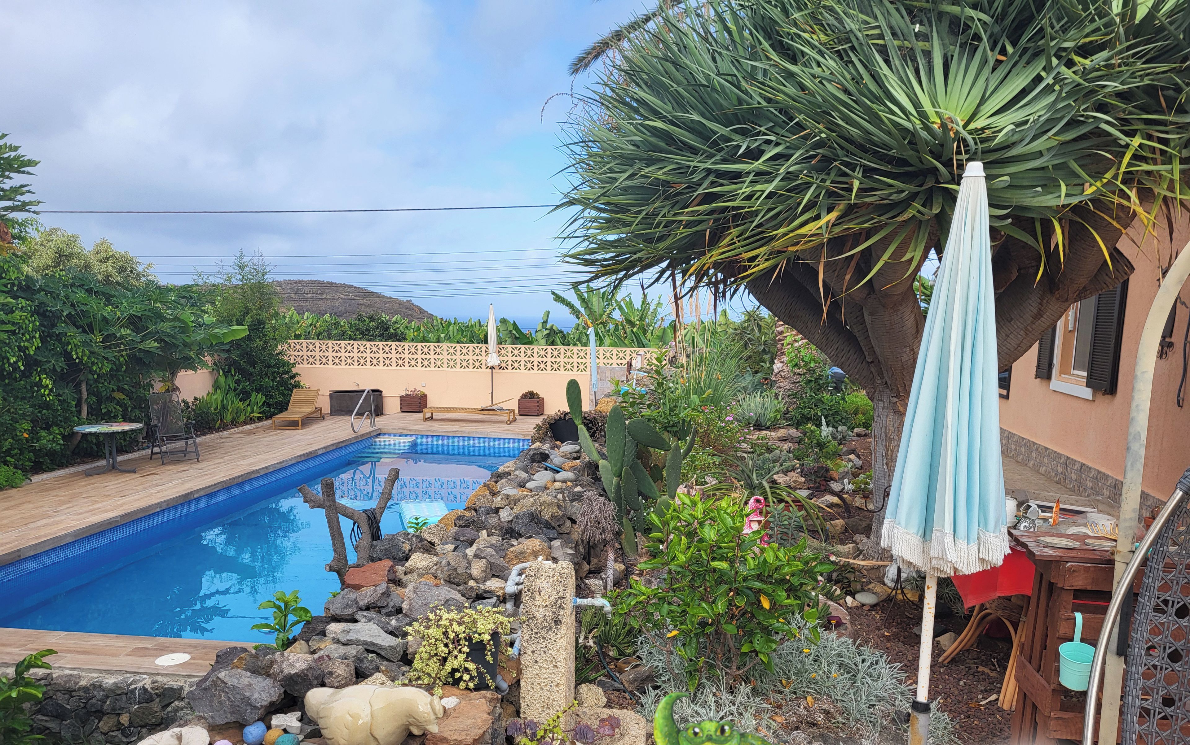 Ein Schwimmbecken mit Holzterrasse, umgeben von Steinen und Pflanzen, sowie eine Terrasse mit Tisch und Stühlen.