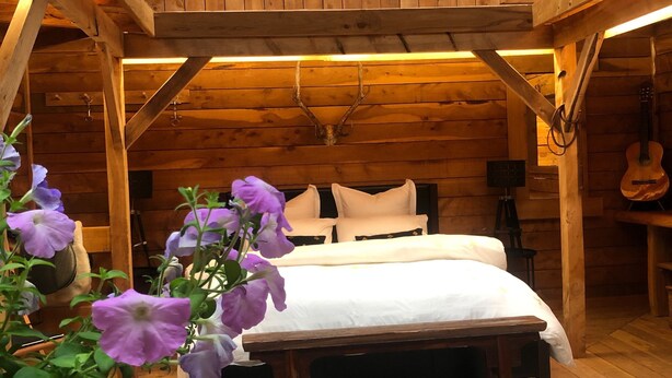 A rustic wooden cabin bedroom with a bed, a cowhide rug, and purple flowers.