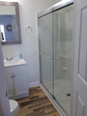 Combined shower/tub, hair dryer, towels, soap