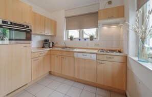 Fridge, stovetop, dishwasher, coffee/tea maker