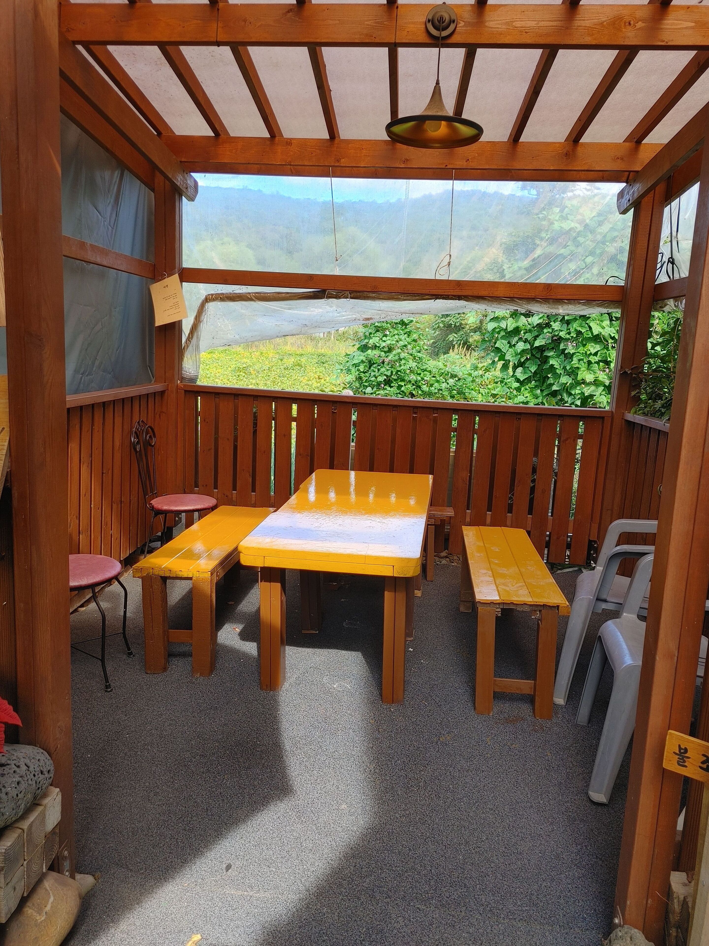 A wooden deck with a table and benches, a hanging light fixture, and a view of greenery through a window.