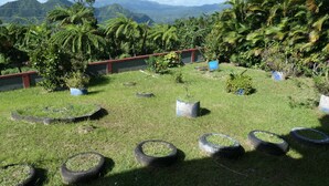 Una zona verda amb planters de pneumàtics i una paret vermella.