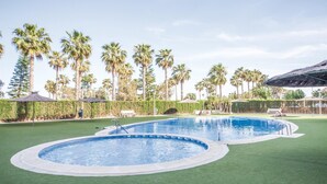 Una piscina con dos áreas separadas, rodeada de palmeras y un césped bien cuidado.