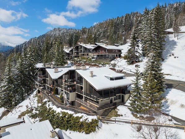 A modern ski resort with multiple buildings, including a large lodge with balconies and a smaller cabin.