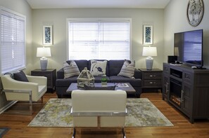 Smart TV, fireplace, books