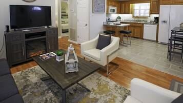 Smart TV, fireplace, books