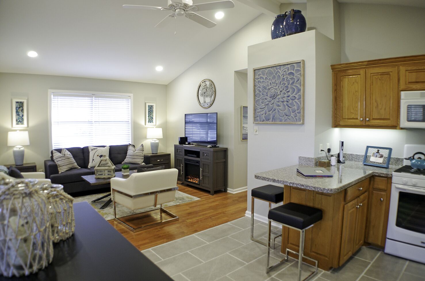 Smart TV, fireplace, books