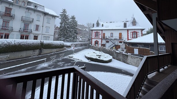 Un patio cubierto de nieve con una escalera de madera, un árbol nevado y edificios con balcones.