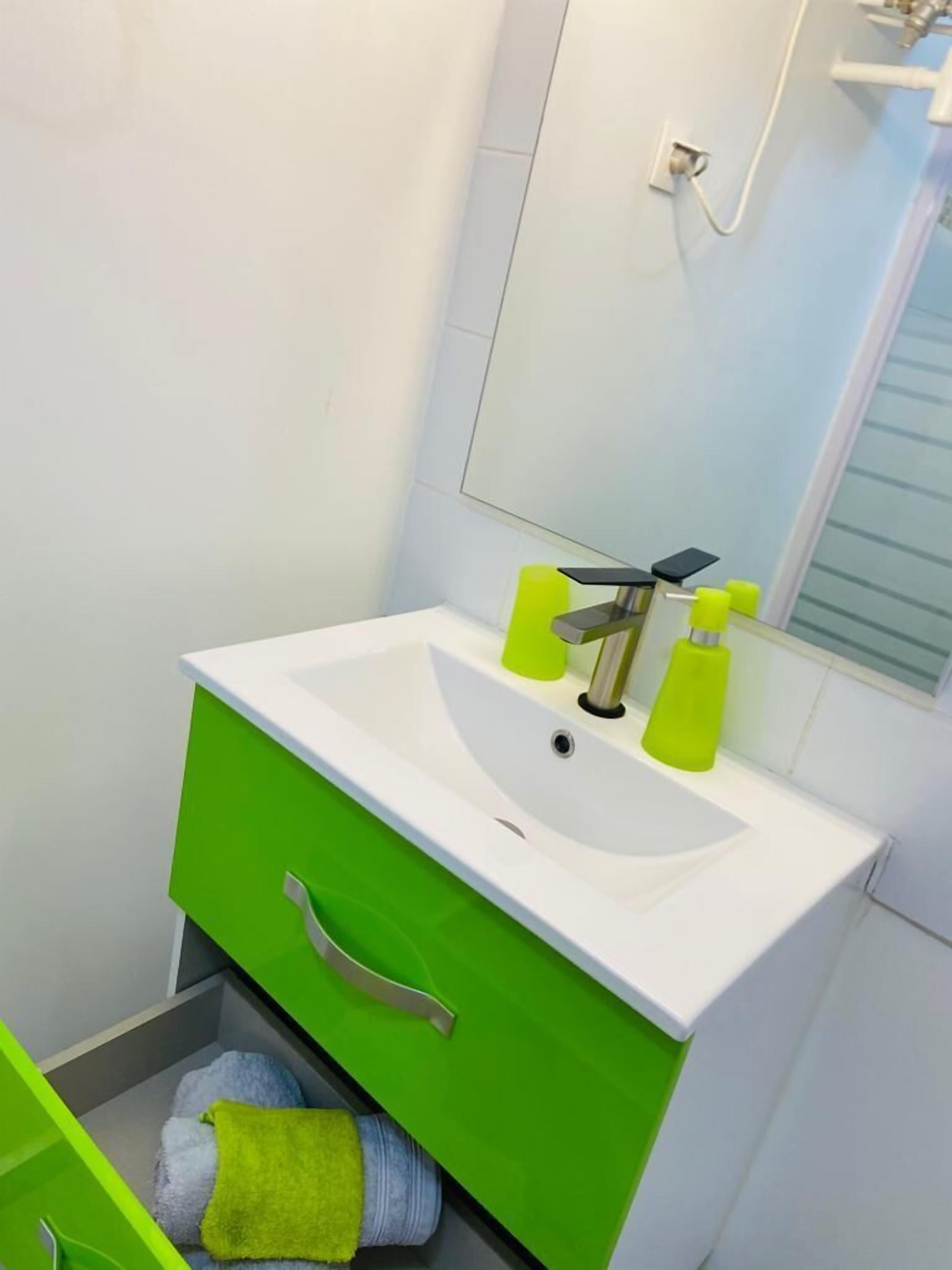 Un bagno con un lavandino bianco, un armadietto verde e uno specchio sopra.