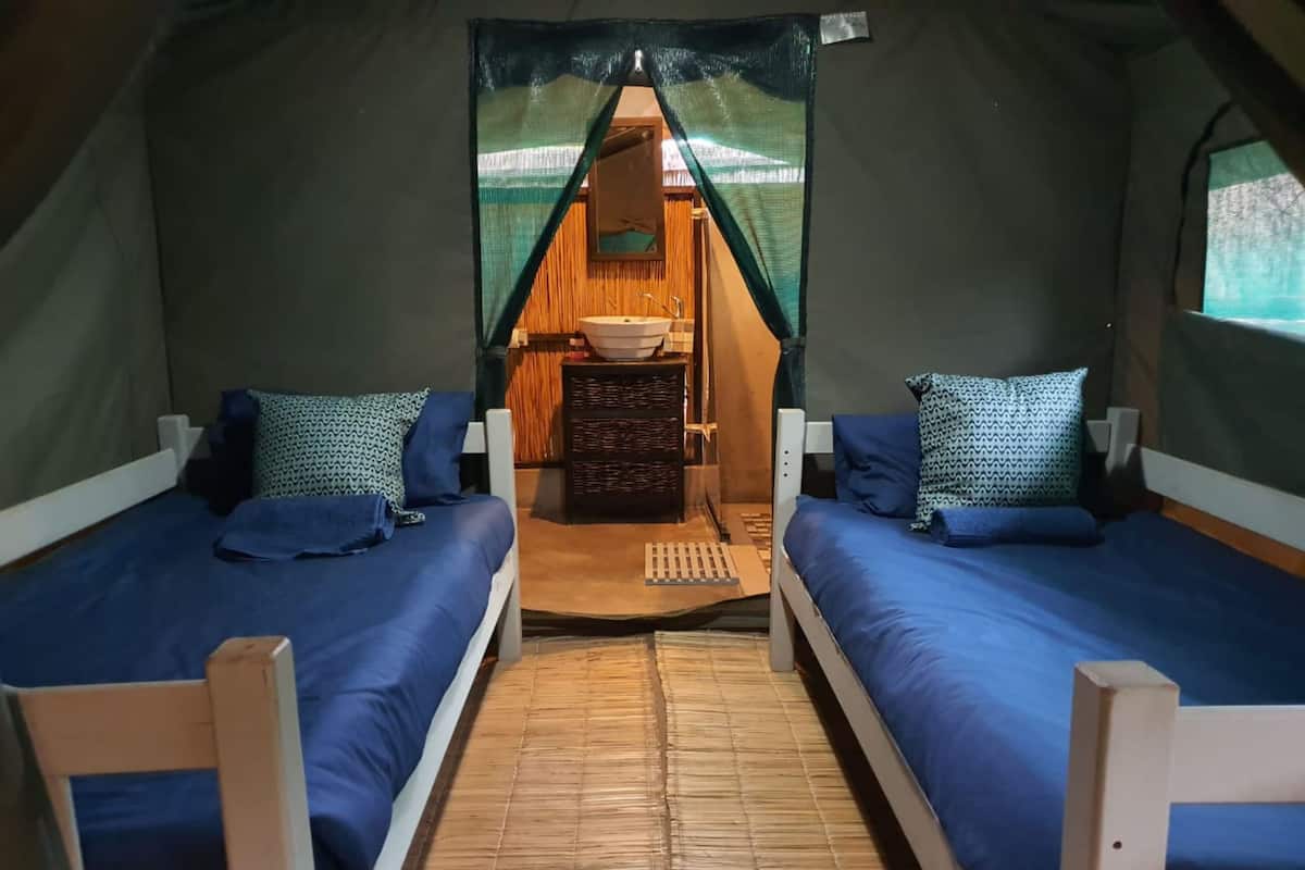 A tent with two beds, each with a pillow and a blanket. There is a wooden table with a bowl in the center.