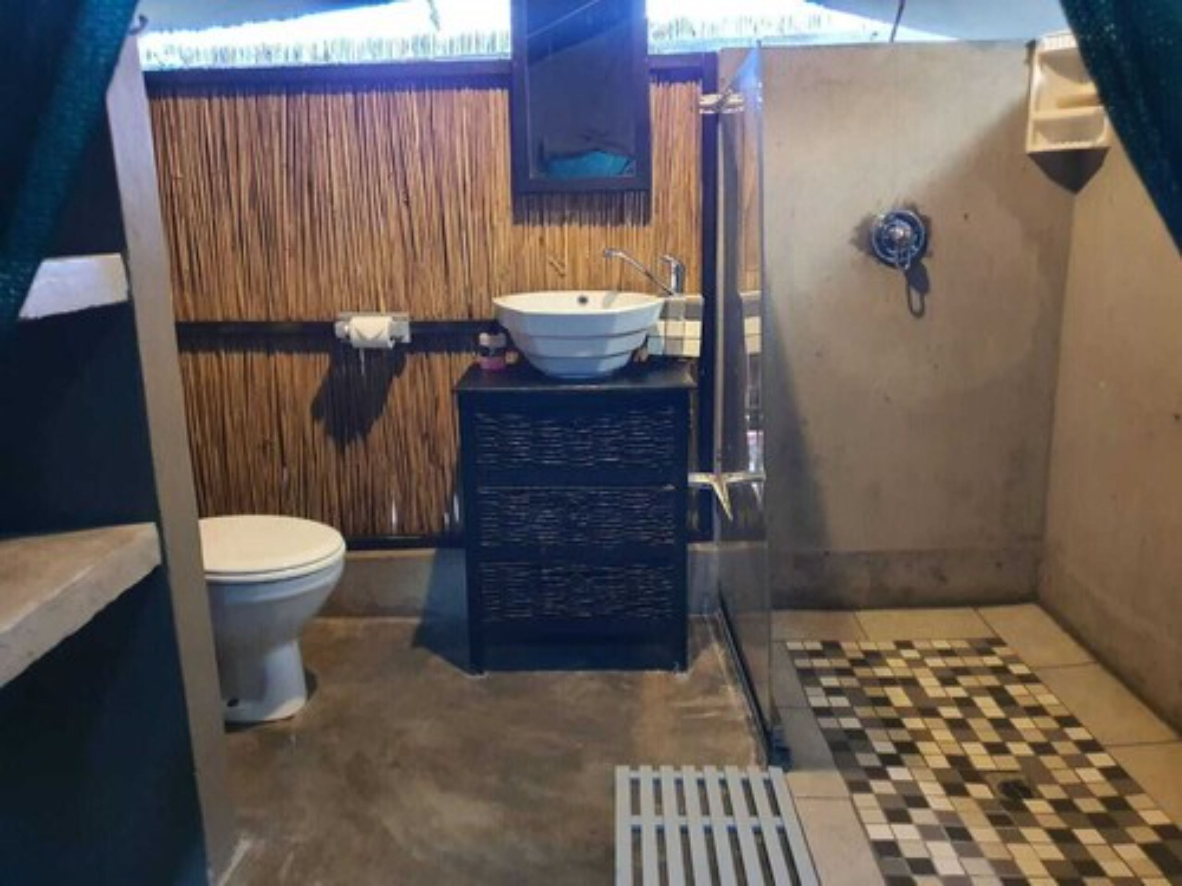 Un baño con inodoro, lavabo y ducha.