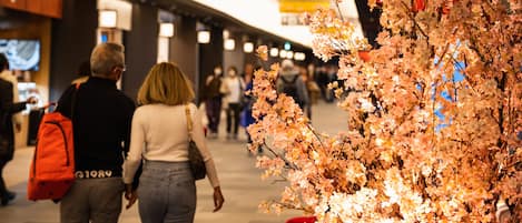 Un pasillo con una exhibición de flores de cerezo y un paraguas rojo.