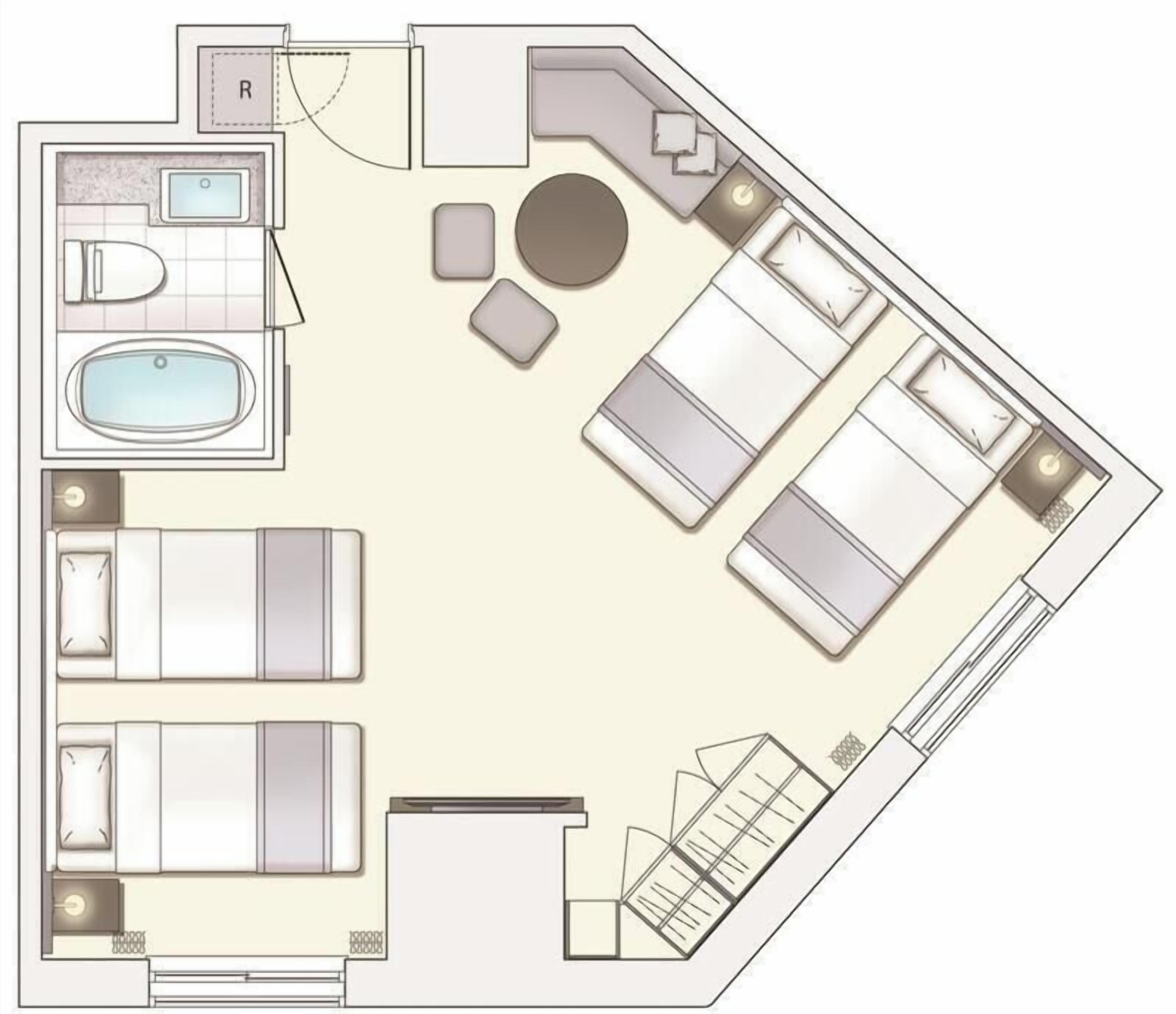 Hotellihuoneen pohjapiirros, jossa on sänky, kylpyhuone, oleskelualue ja pieni parveke.