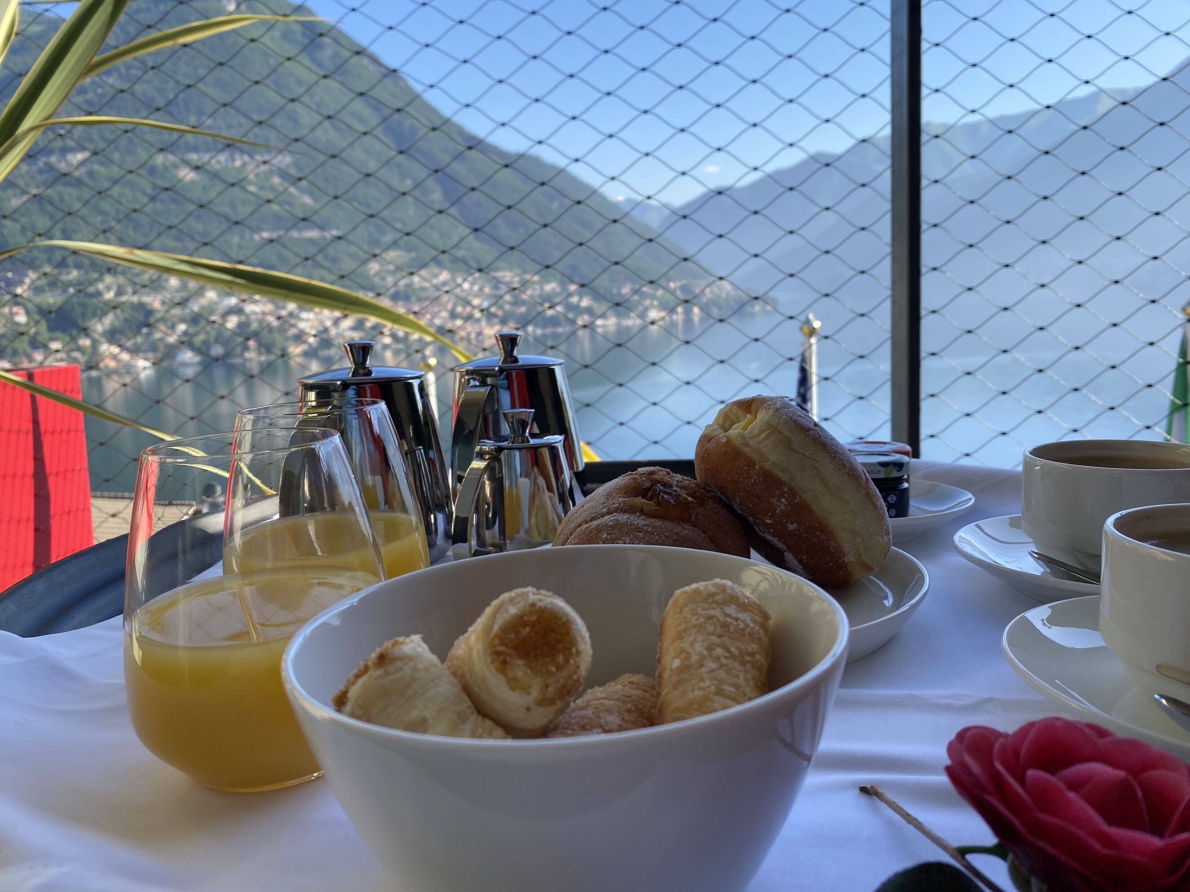 Una mesa de desayuno con un bol de pasteles, un vaso de zumo de naranja y una taza de café, frente a una vista panorámica de montañas a través de una malla metálica.
