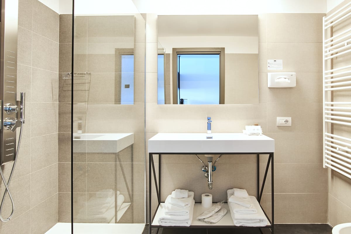 shower, hydromassage showerhead, free toiletries, hair dryer