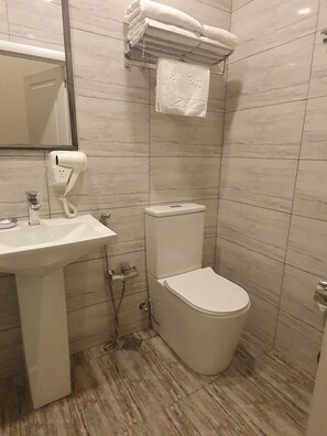 Une salle de bain avec un lavabo, des toilettes et un porte-serviettes.