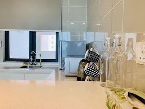 Fridge, microwave, electric kettle