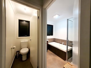 Combined shower/tub, hair dryer, towels, soap