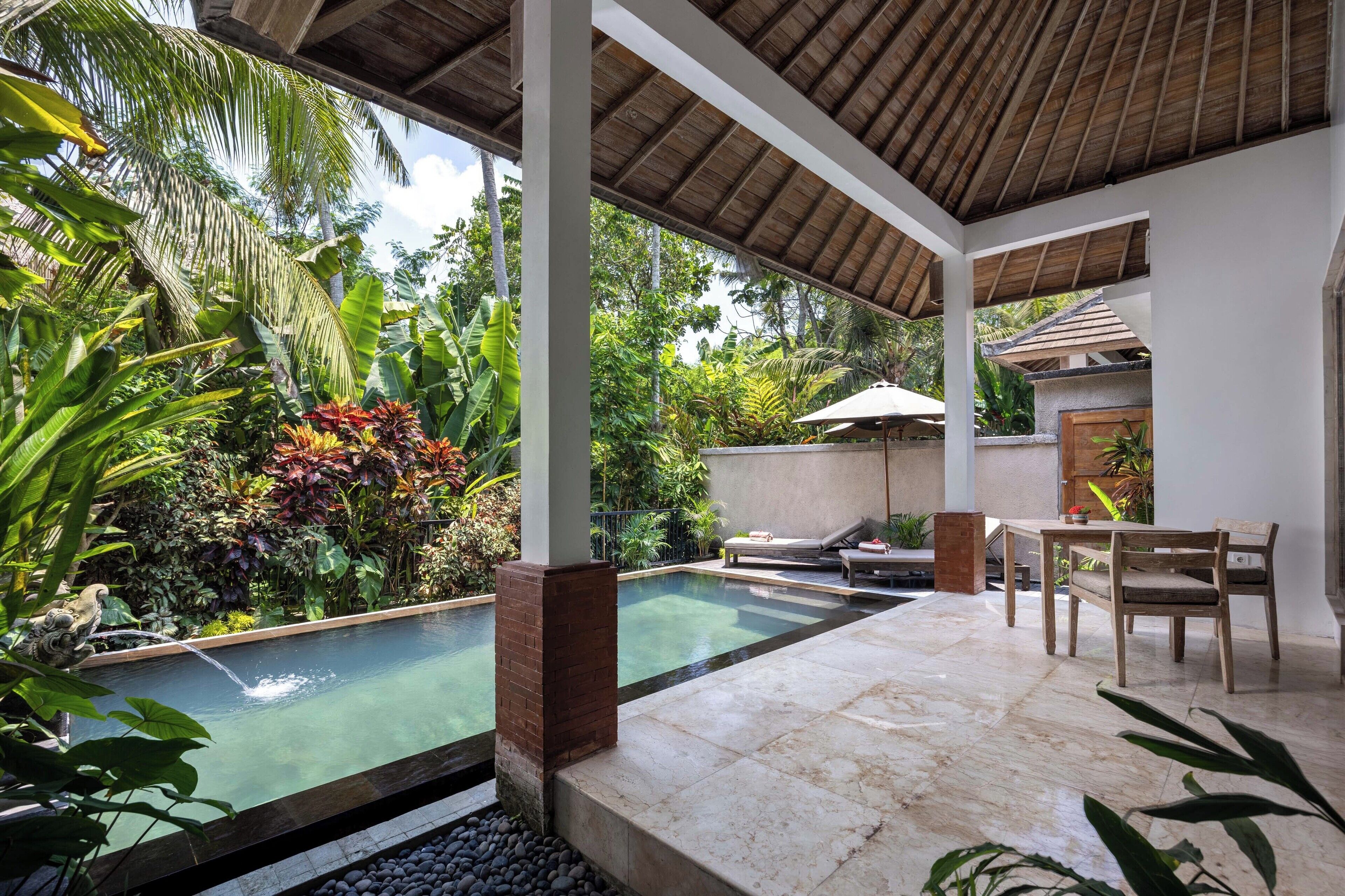 A covered outdoor area with a swimming pool, seating, and lush greenery.