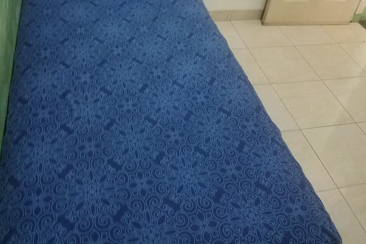 Un letto singolo con una testiera scura e una coperta azzurra fantasia.
