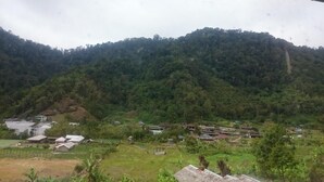 A rural landscape with a village nestled in a valley, surrounded by hills. - Penginapan Biringta (Berastagi)