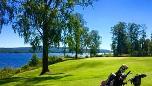 Un carrito de golf en un área verde con un lago y árboles al fondo.