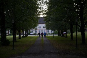 A pathway leading to a building surrounded by trees.