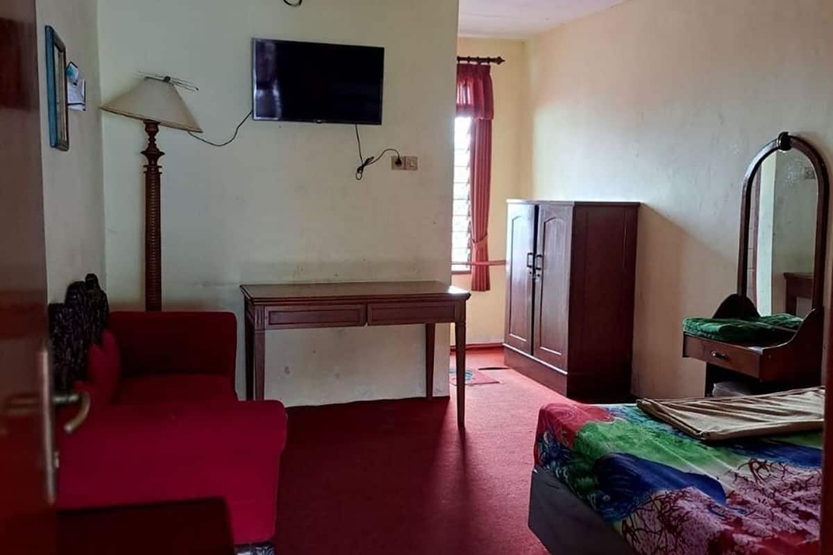A hotel room with a bed, a desk, a chair, a television, and a wardrobe.