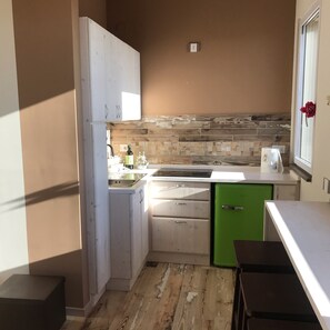 Fridge, microwave, stovetop, coffee/tea maker