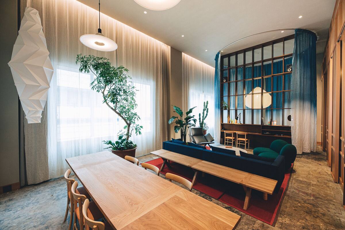 A modern living room with a wooden dining table, blue sofa, and a large potted plant.