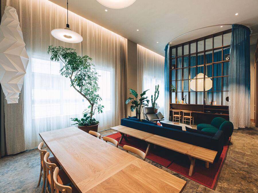 Una sala de estar moderna con una mesa de comedor de madera, un sofá azul y una planta grande en maceta.
